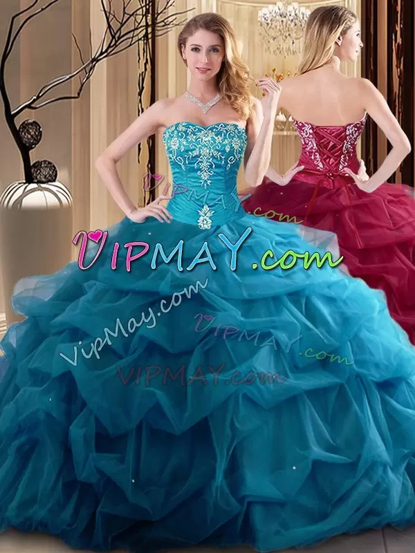 Sweetheart Sleeveless Lace Up 15th Birthday Dress Teal Tulle Embroidery and Ruffles