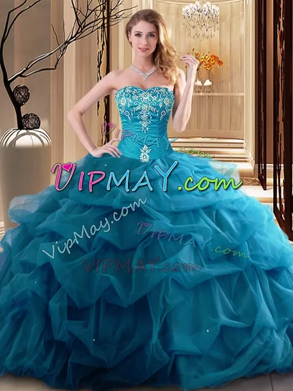 Sweetheart Sleeveless Lace Up 15th Birthday Dress Teal Tulle Embroidery and Ruffles