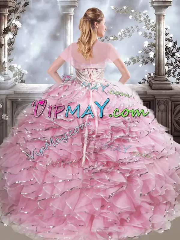 Floor Length Lace Up Sweet 16 Dresses Baby Pink for Military Ball and Sweet 16 and Quinceanera with Beading and Ruffles