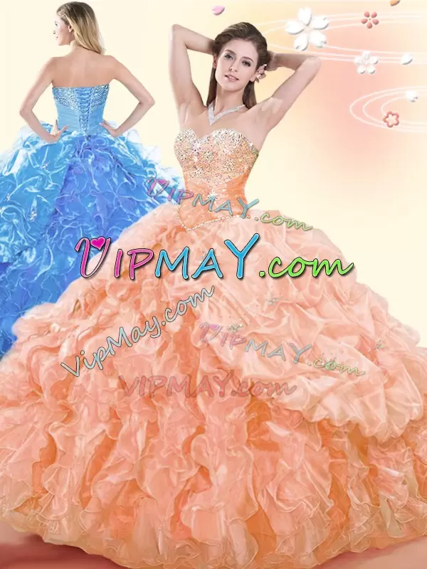 Stunning Floor Length Orange Quince Ball Gowns Organza Sleeveless Beading and Ruffles and Pick Ups