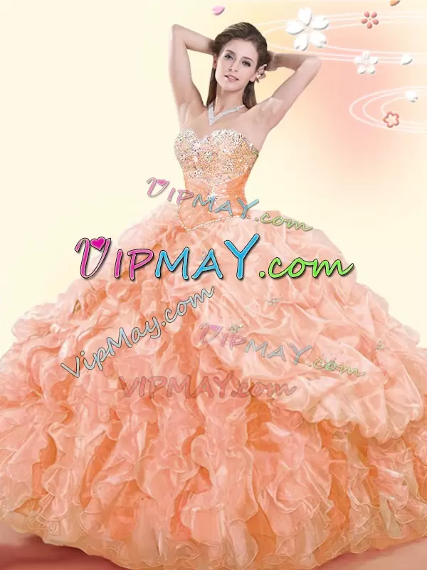 Stunning Floor Length Orange Quince Ball Gowns Organza Sleeveless Beading and Ruffles and Pick Ups