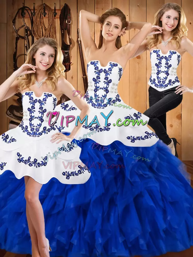 Excellent Sleeveless Strapless Embroidery and Ruffles Lace Up Sweet 16 Quinceanera Dress