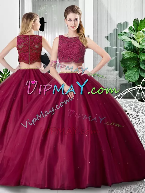 Custom Fit Sleeveless Floor Length Lace and Ruching Zipper Quince Ball Gowns with Fuchsia