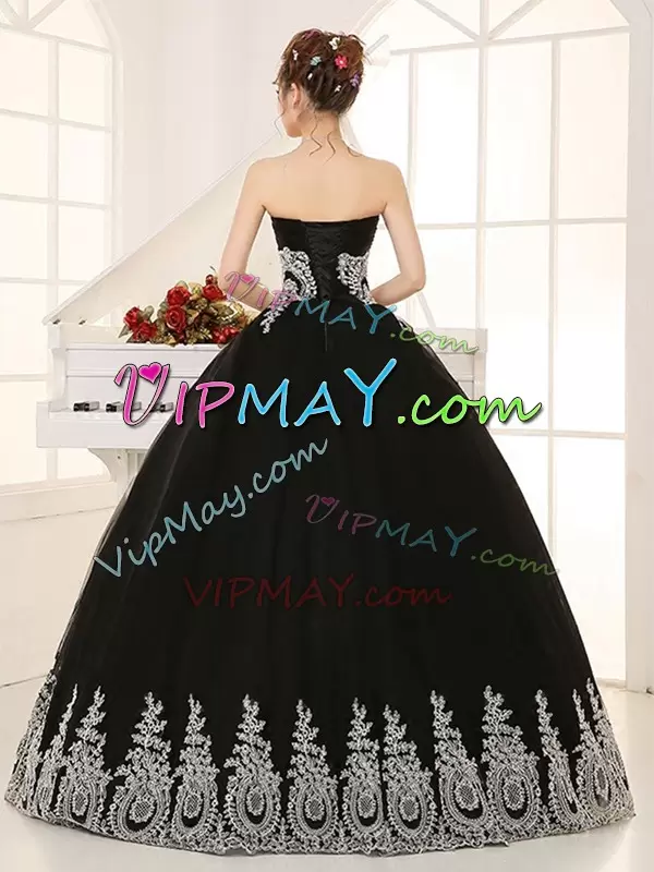 Cheap Beading and Appliques Sweet 16 Dress Black Lace Up Sleeveless Floor Length