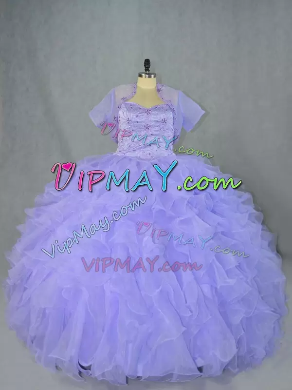 Discount Sleeveless Floor Length Beading and Ruffles Lace Up Sweet 16 Quinceanera Dress with Lavender
