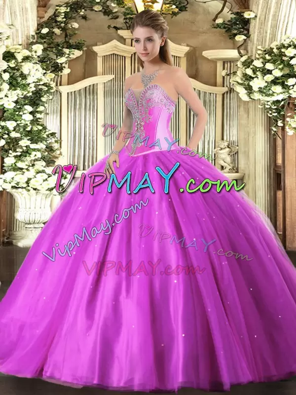 Floor Length Lace Up Vestidos de Quinceanera Lilac for Military Ball and Sweet 16 and Quinceanera with Beading