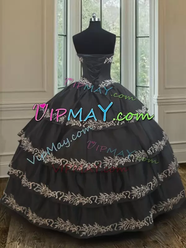 Exquisite Black Ball Gowns Sweetheart Sleeveless Taffeta Floor Length Lace Up Embroidery and Ruffled Layers 15th Birthday Dress