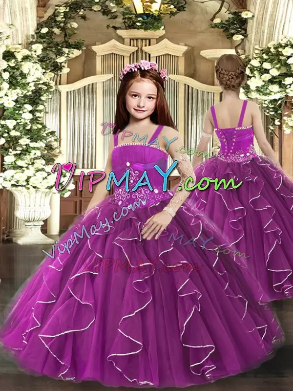 Tulle Sleeveless Floor Length 15th Birthday Dress and Beading and Ruffles