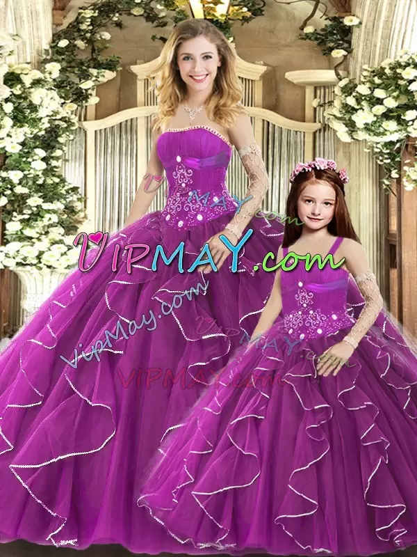 Tulle Sleeveless Floor Length 15th Birthday Dress and Beading and Ruffles