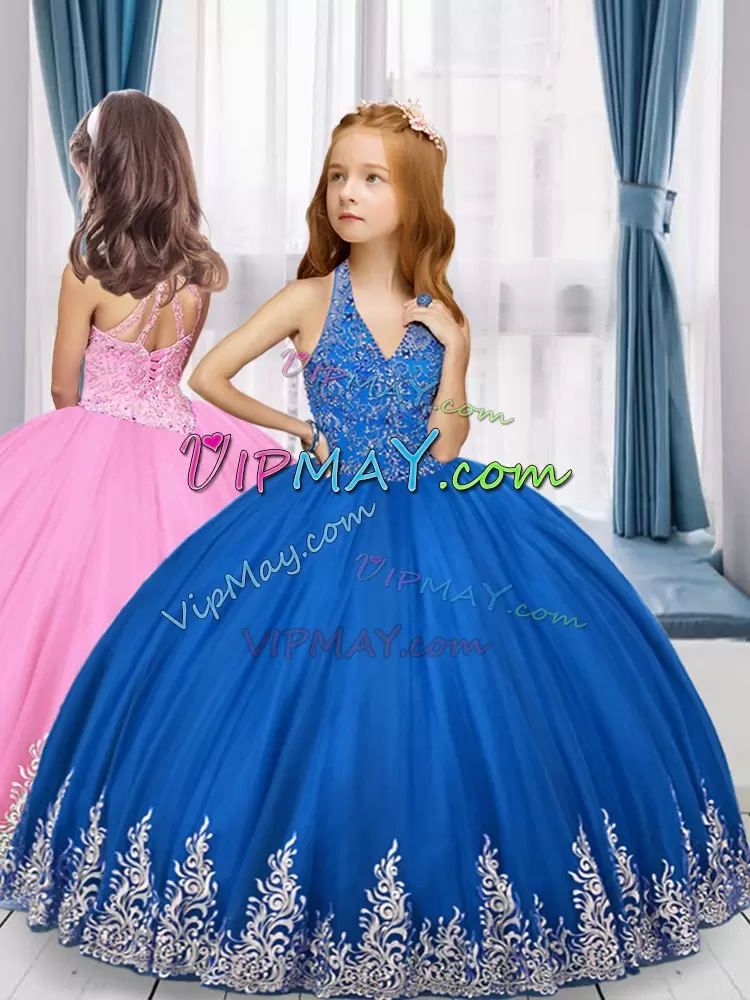 Sleeveless Halter Top Beading and Appliques Lace Up Quinceanera Gowns