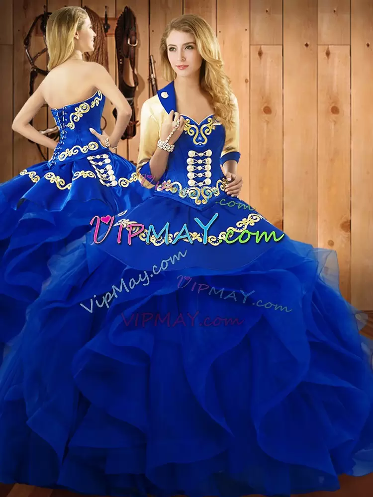 Blue Sleeveless Floor Length Embroidery and Ruffles Lace Up Sweet 16 Quinceanera Dress Sweetheart