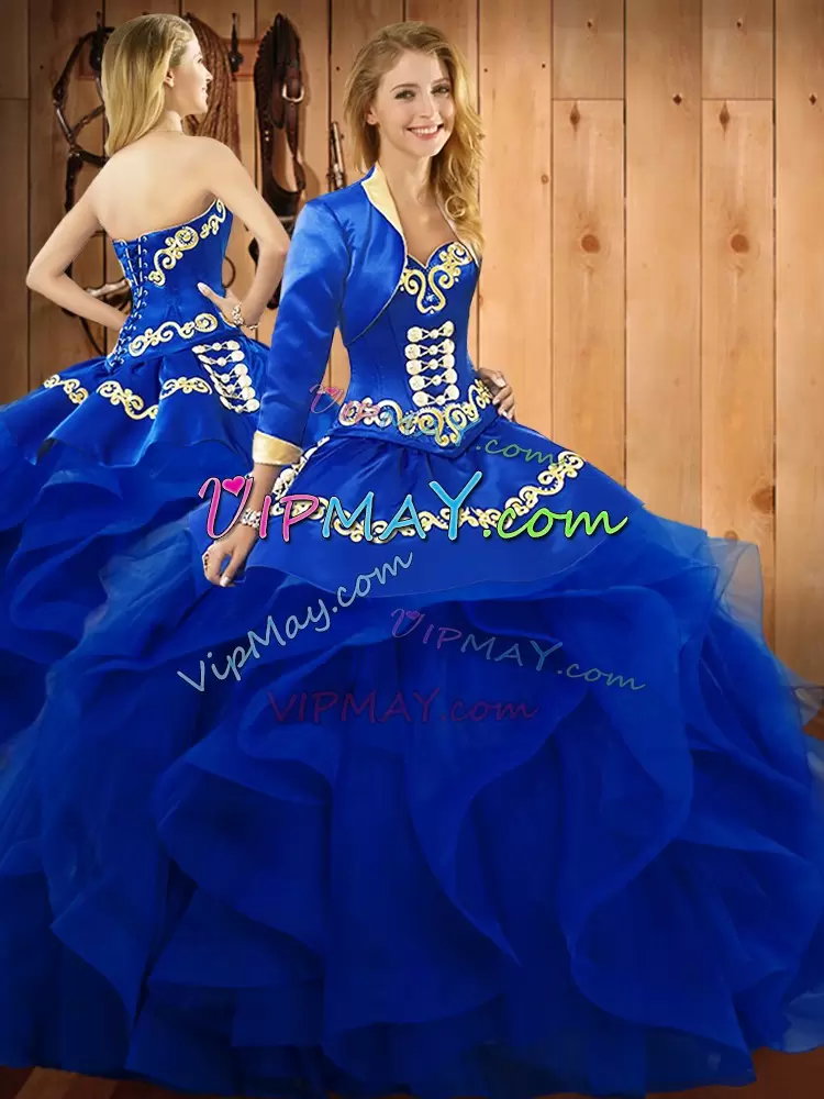 Blue Sleeveless Floor Length Embroidery and Ruffles Lace Up Sweet 16 Quinceanera Dress Sweetheart