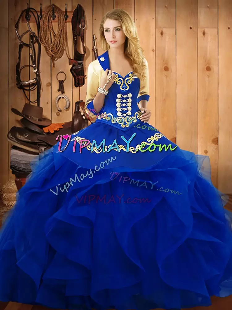 Blue Sleeveless Floor Length Embroidery and Ruffles Lace Up Sweet 16 Quinceanera Dress Sweetheart