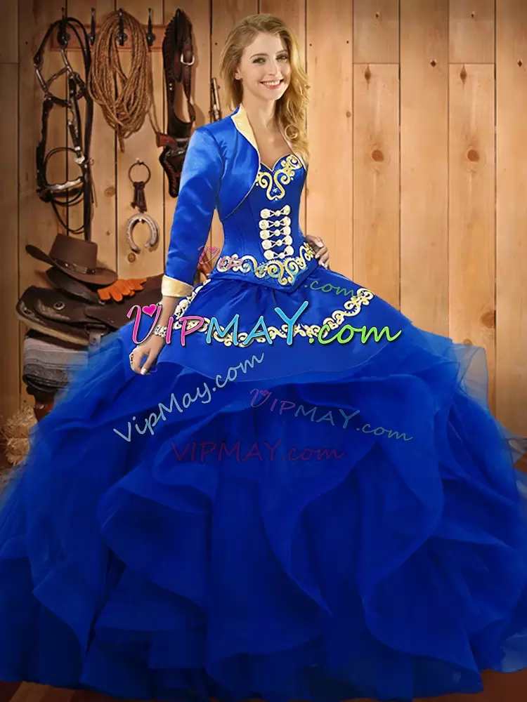 Blue Sleeveless Floor Length Embroidery and Ruffles Lace Up Sweet 16 Quinceanera Dress Sweetheart