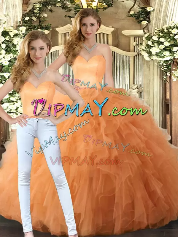 High End Floor Length Lace Up Vestidos de Quinceanera Orange for Military Ball and Sweet 16 and Quinceanera with Ruffles