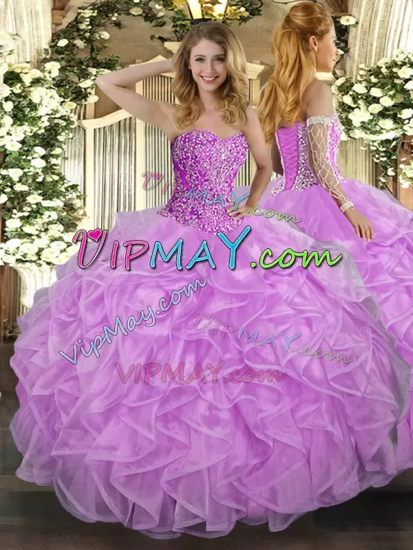 Eye-catching Lilac Tulle Lace Up Sweetheart Sleeveless Floor Length Quinceanera Gowns Beading and Ruffles