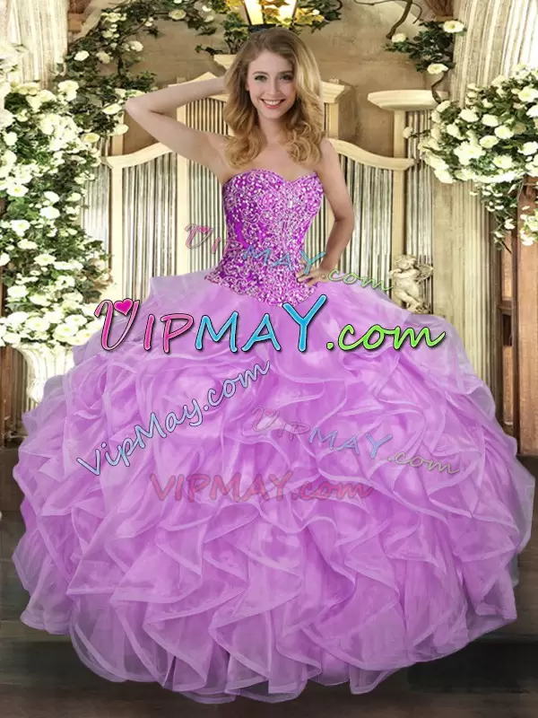 Eye-catching Lilac Tulle Lace Up Sweetheart Sleeveless Floor Length Quinceanera Gowns Beading and Ruffles