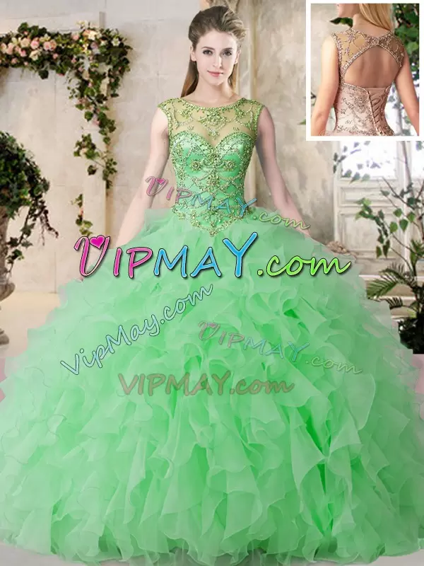 Green Ball Gowns Beading and Ruffles Ball Gown Prom Dress Lace Up Organza Sleeveless Floor Length