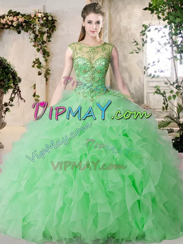 Green Ball Gowns Beading and Ruffles Ball Gown Prom Dress Lace Up Organza Sleeveless Floor Length