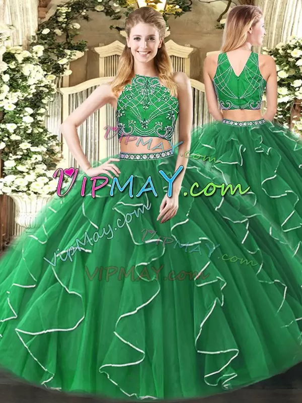 Tulle Sleeveless Floor Length Sweet 16 Dresses and Beading and Ruffles