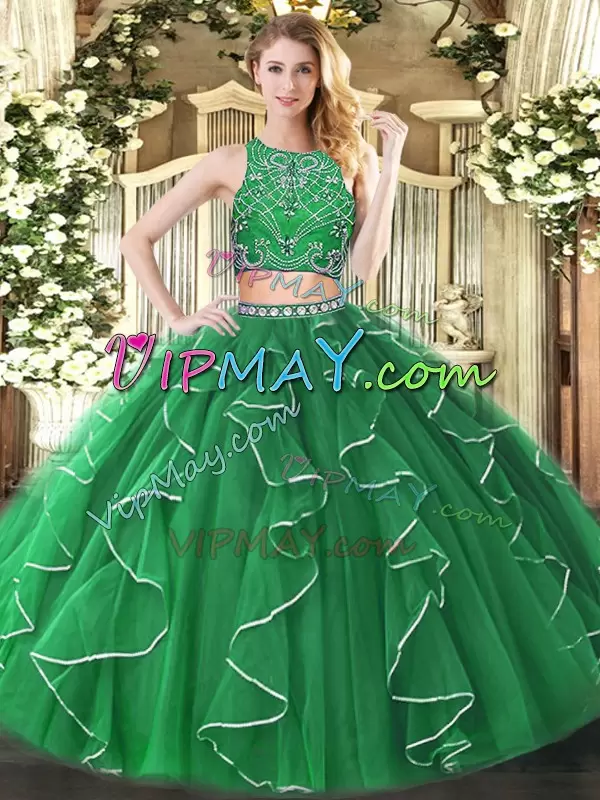 Tulle Sleeveless Floor Length Sweet 16 Dresses and Beading and Ruffles