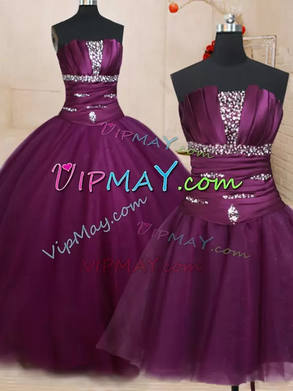 Sexy Dark Purple Tulle Lace Up Vestidos de Quinceanera Sleeveless Floor Length Beading