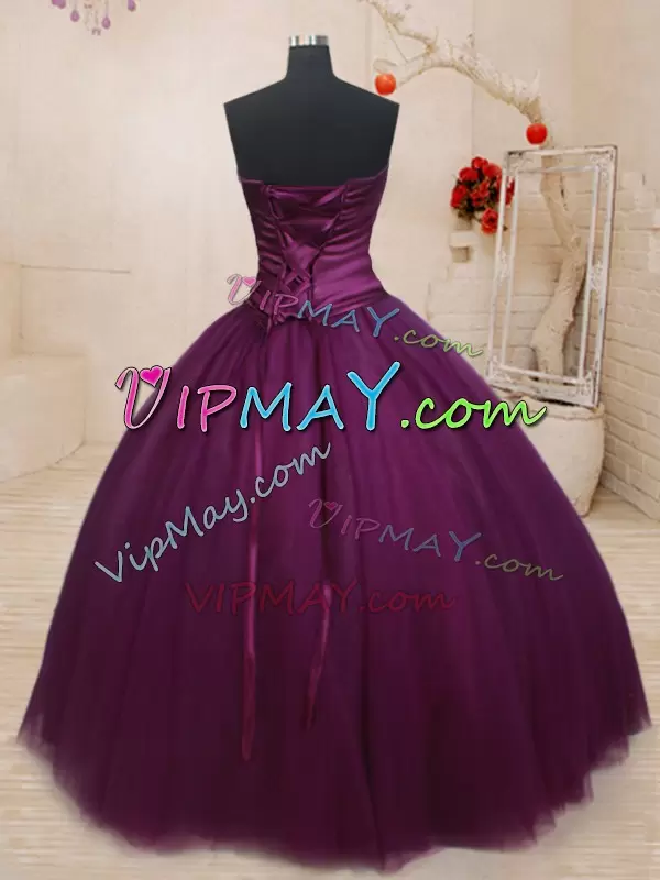 Sexy Dark Purple Tulle Lace Up Vestidos de Quinceanera Sleeveless Floor Length Beading