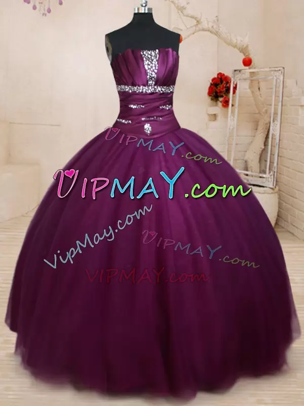 Sexy Dark Purple Tulle Lace Up Vestidos de Quinceanera Sleeveless Floor Length Beading