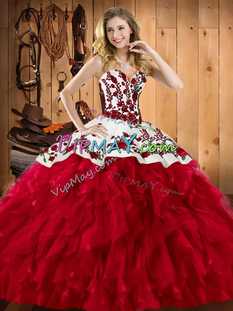 Custom Design Wine Red Ball Gowns Satin and Organza Sweetheart Sleeveless Embroidery and Ruffles Floor Length Lace Up Sweet 16 Dress