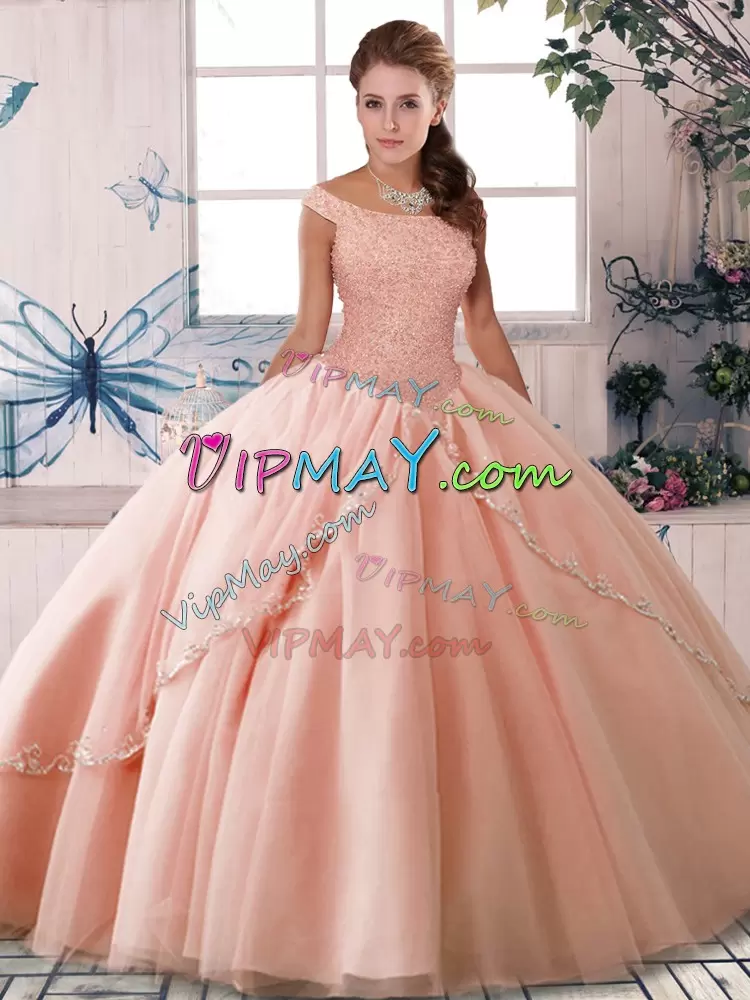 Latest Peach Quinceanera Dresses Tulle Brush Train Sleeveless Beading