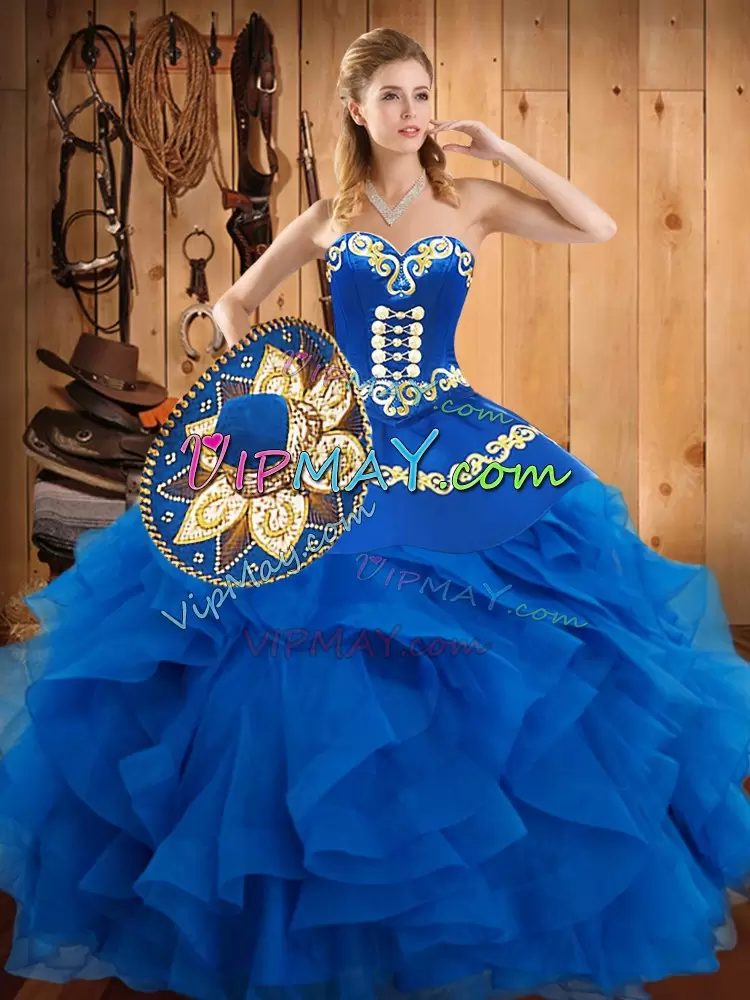 Blue Lace Up Sweetheart Embroidery and Ruffles Quince Ball Gowns Satin and Organza Sleeveless