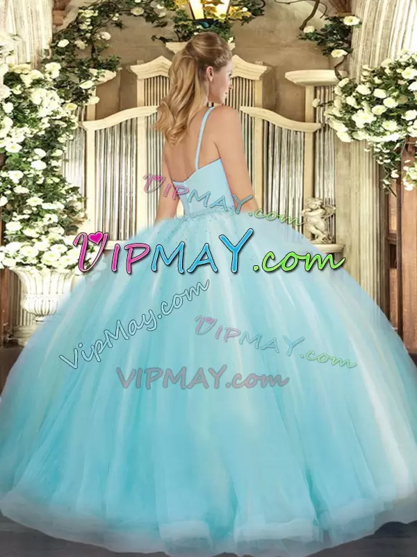 Great Aqua Blue Straps Neckline Beading 15 Quinceanera Dress Sleeveless Zipper