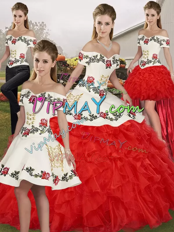 Fashion White And Red Organza Lace Up Off The Shoulder Sleeveless Floor Length Quinceanera Gown Embroidery and Ruffles