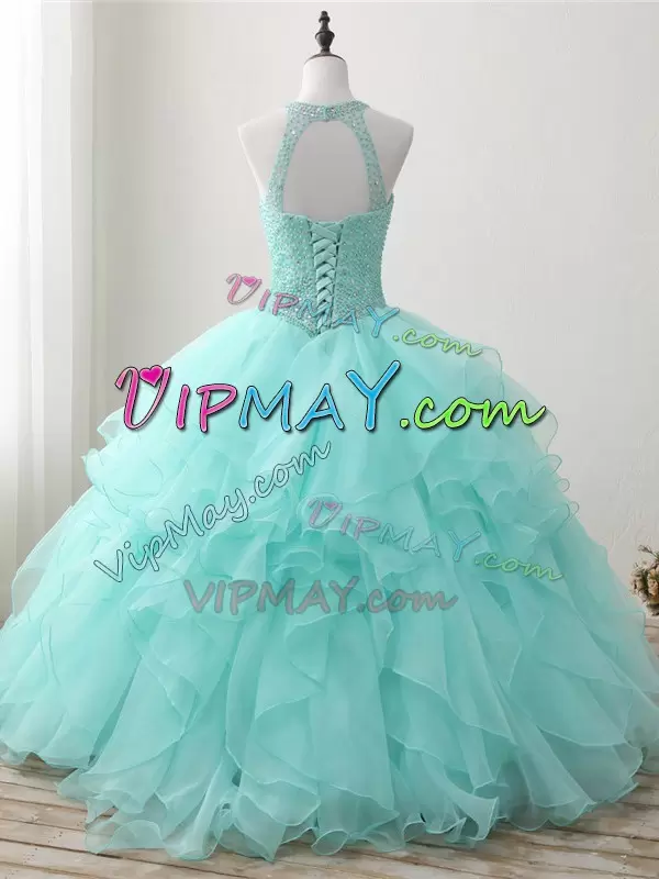 Vintage Apple Green Sleeveless Organza Lace Up 15th Birthday Dress for Military Ball and Sweet 16 and Quinceanera