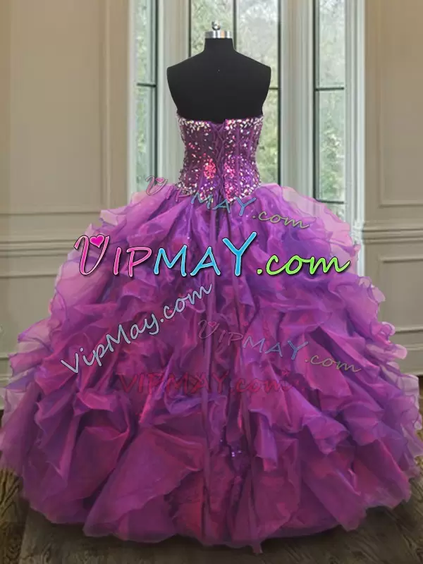 Sweetheart Sleeveless 15th Birthday Dress Floor Length Beading and Ruffles and Sequins Purple Organza