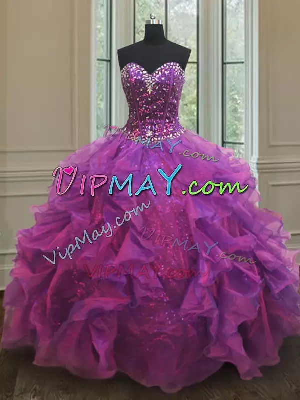 Sweetheart Sleeveless 15th Birthday Dress Floor Length Beading and Ruffles and Sequins Purple Organza