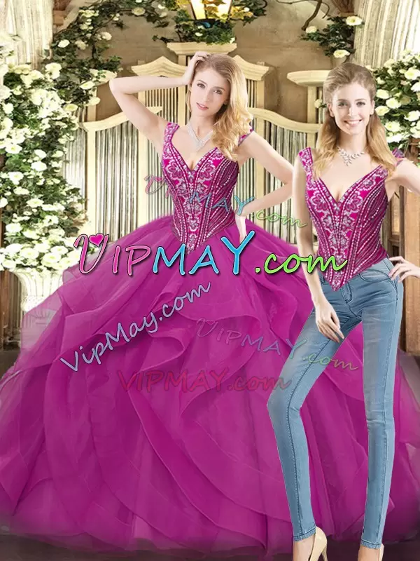 Colorful Sleeveless V-neck Lace Up Floor Length Beading and Ruffles Sweet 16 Quinceanera Dress V-neck