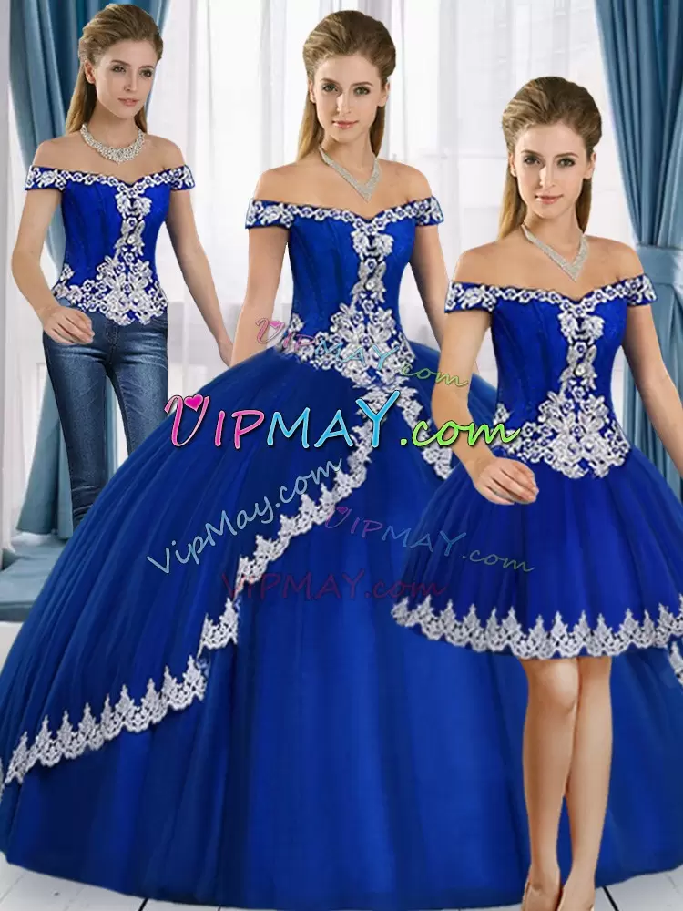 Off The Shoulder Sleeveless Lace Up 15th Birthday Dress Royal Blue Tulle Lace