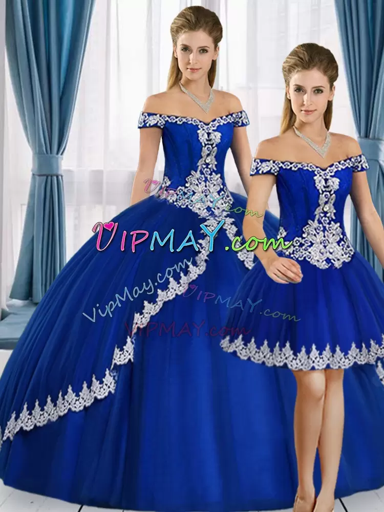 Off The Shoulder Sleeveless Lace Up 15th Birthday Dress Royal Blue Tulle Lace