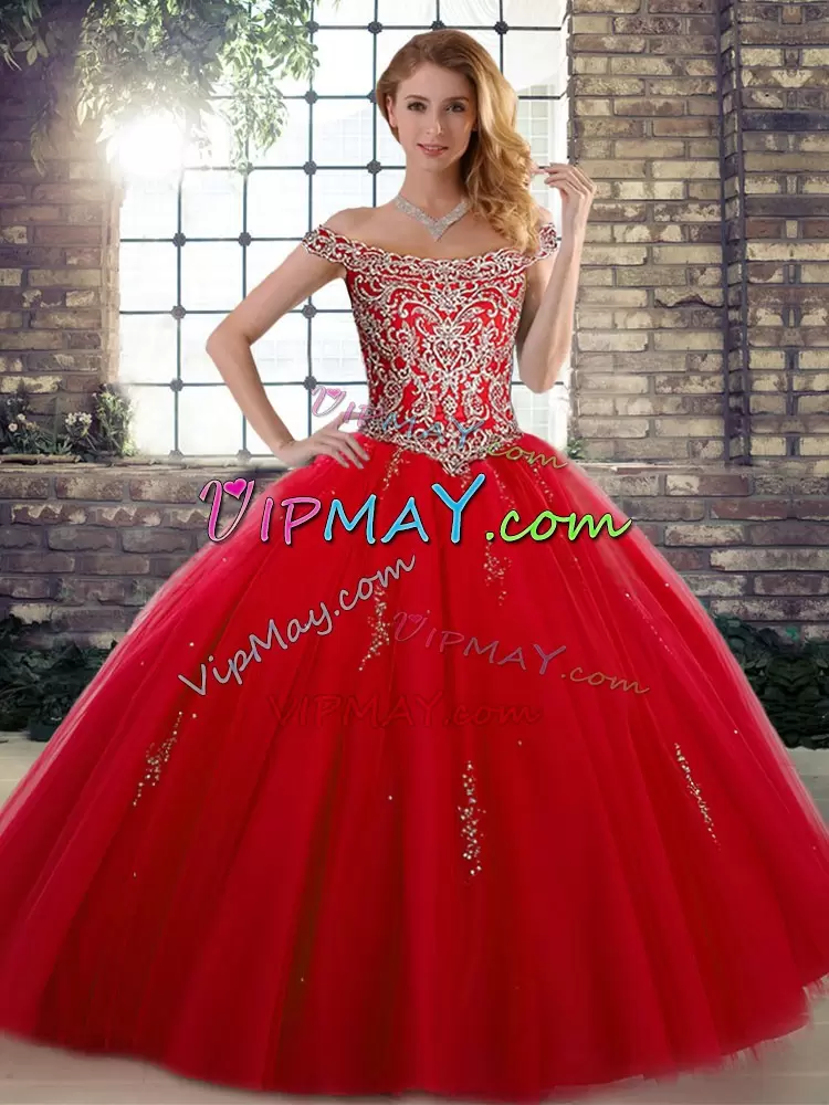 Hot Sale Red Sleeveless Floor Length Beading Lace Up 15 Quinceanera Dress Off The Shoulder