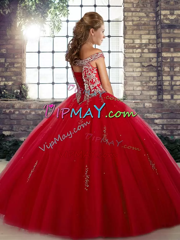 Hot Sale Red Sleeveless Floor Length Beading Lace Up 15 Quinceanera Dress Off The Shoulder