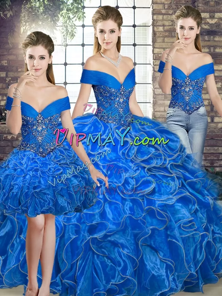 Wonderful Sleeveless Floor Length Beading and Ruffles Lace Up Sweet 16 Dresses with Royal Blue