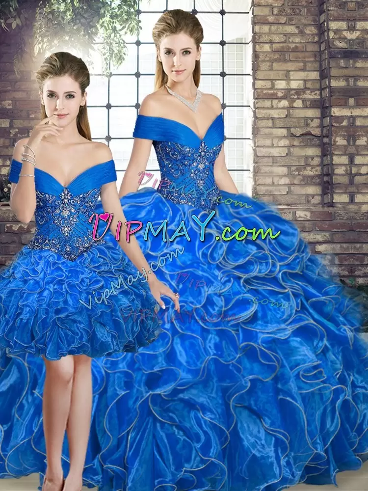 Wonderful Sleeveless Floor Length Beading and Ruffles Lace Up Sweet 16 Dresses with Royal Blue