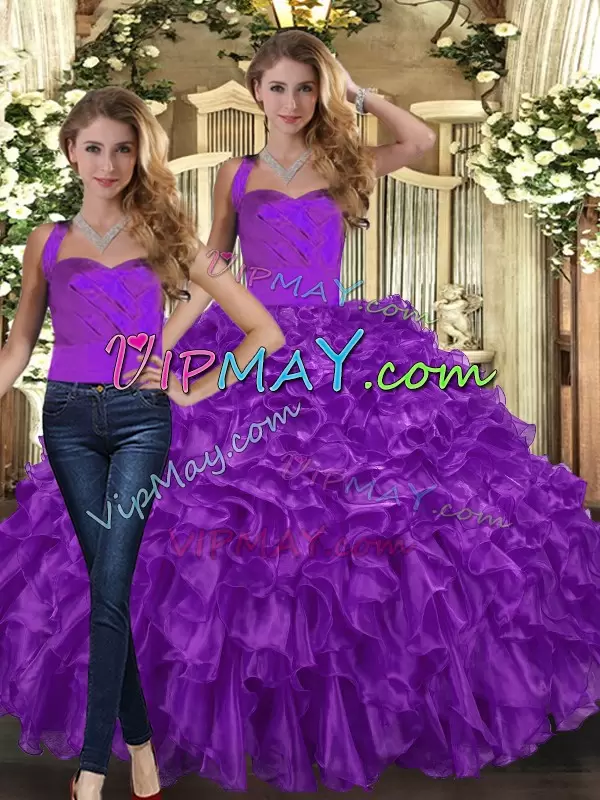 Noble Sleeveless Floor Length Ruffles Lace Up Sweet 16 Dresses with Purple