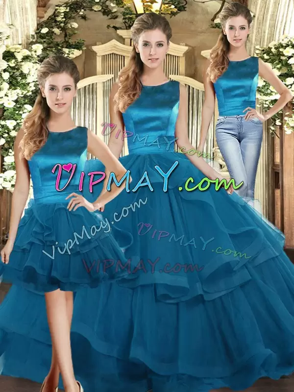 Modest Three Pieces Quinceanera Dresses Teal Scoop Tulle Sleeveless Floor Length Lace Up