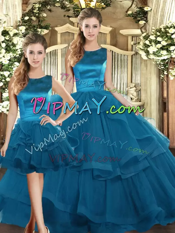 Modest Three Pieces Quinceanera Dresses Teal Scoop Tulle Sleeveless Floor Length Lace Up