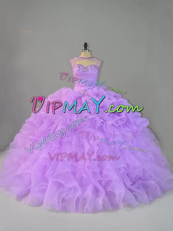 Lavender Scoop Lace Up Beading and Ruffles 15 Quinceanera Dress Sleeveless