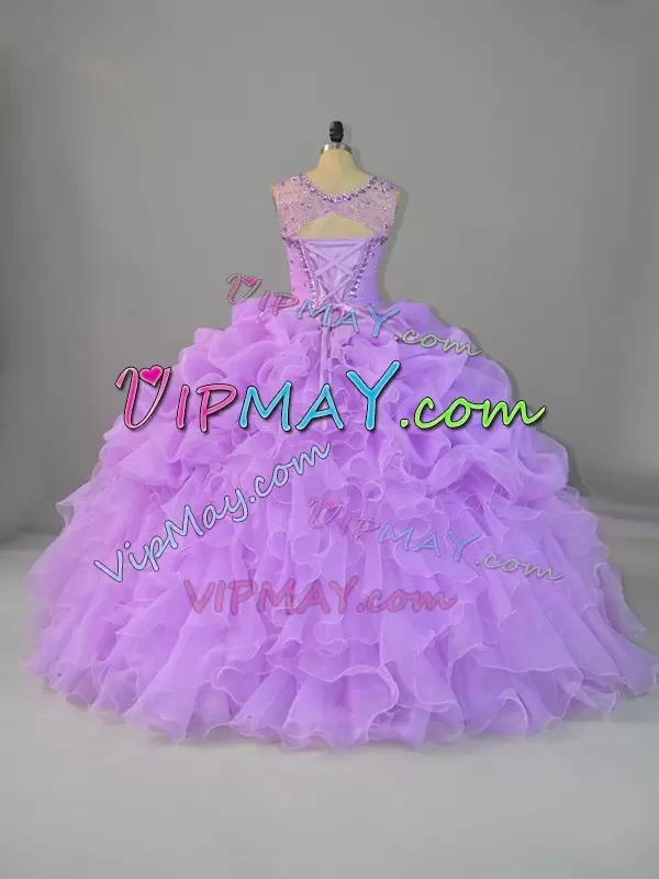 Lavender Scoop Lace Up Beading and Ruffles 15 Quinceanera Dress Sleeveless