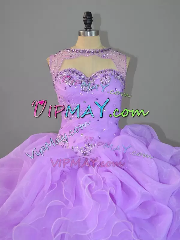 Lavender Scoop Lace Up Beading and Ruffles 15 Quinceanera Dress Sleeveless