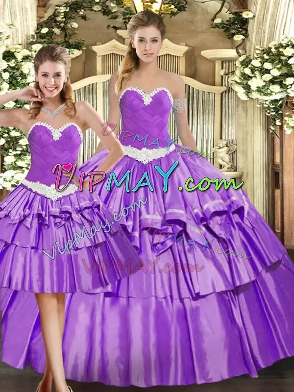 Deluxe Organza Sweetheart Sleeveless Lace Up Appliques and Ruffled Layers 15 Quinceanera Dress in Eggplant Purple